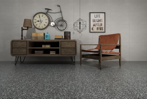 porcelain matte grey terrazzo tile laying effect