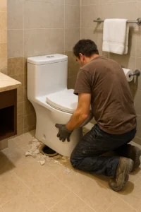 One-piece toilet installation in progress