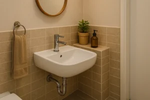 Modern wall hung basin in compact bathroom