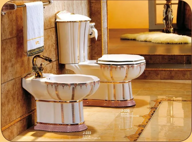 j220 bathroom toilet & bidet with golden plating and pink color